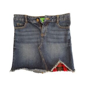 Dip Girls Denim Mini Skirt Size 16 Blue Plaid Inlay Raw Hem Cotton Medium Wash